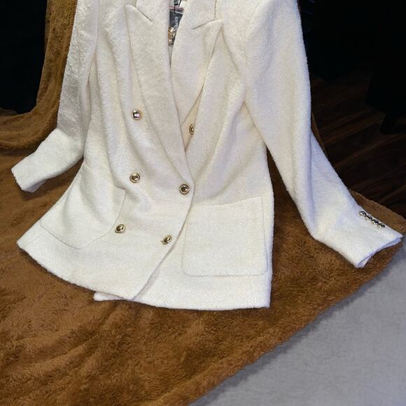 Express Wool-Blend Double Breasted Novelty Button Blazer in Ivory & Gold - Picture 10 of 17